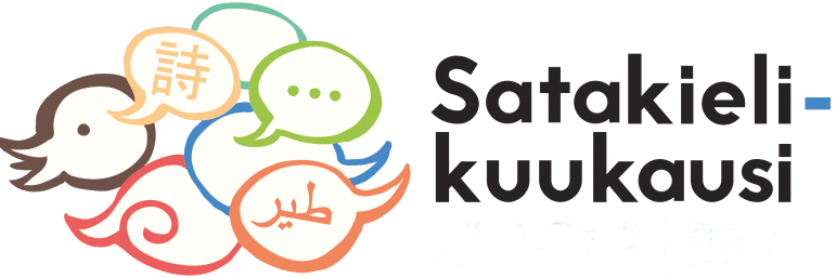 Satakielikuukauden logo. Eri värisiä puhekuplia joissa tekstiä arabiaksi ja kiinaksi.