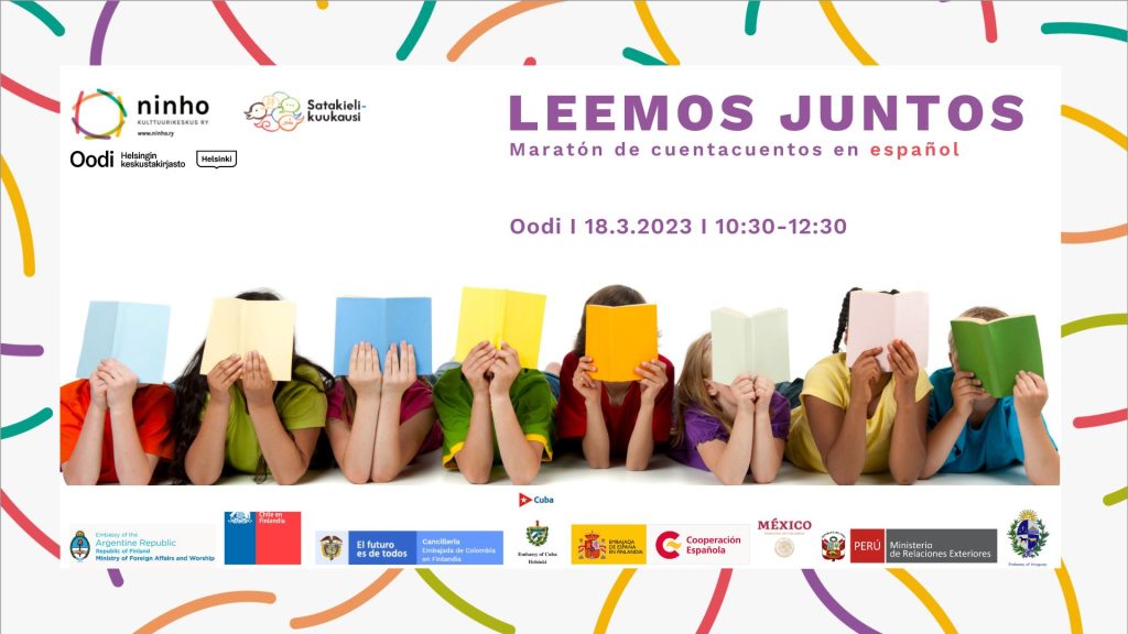 Lemos Juntos tilaisuuden mainos jossa lapset makaa mahallaan kirjat kasvojen edessä.