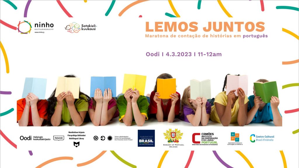 Lemos Juntos tilaisuuden mainos jossa lapset makaa mahallaan kirjat kasvojen edessä.