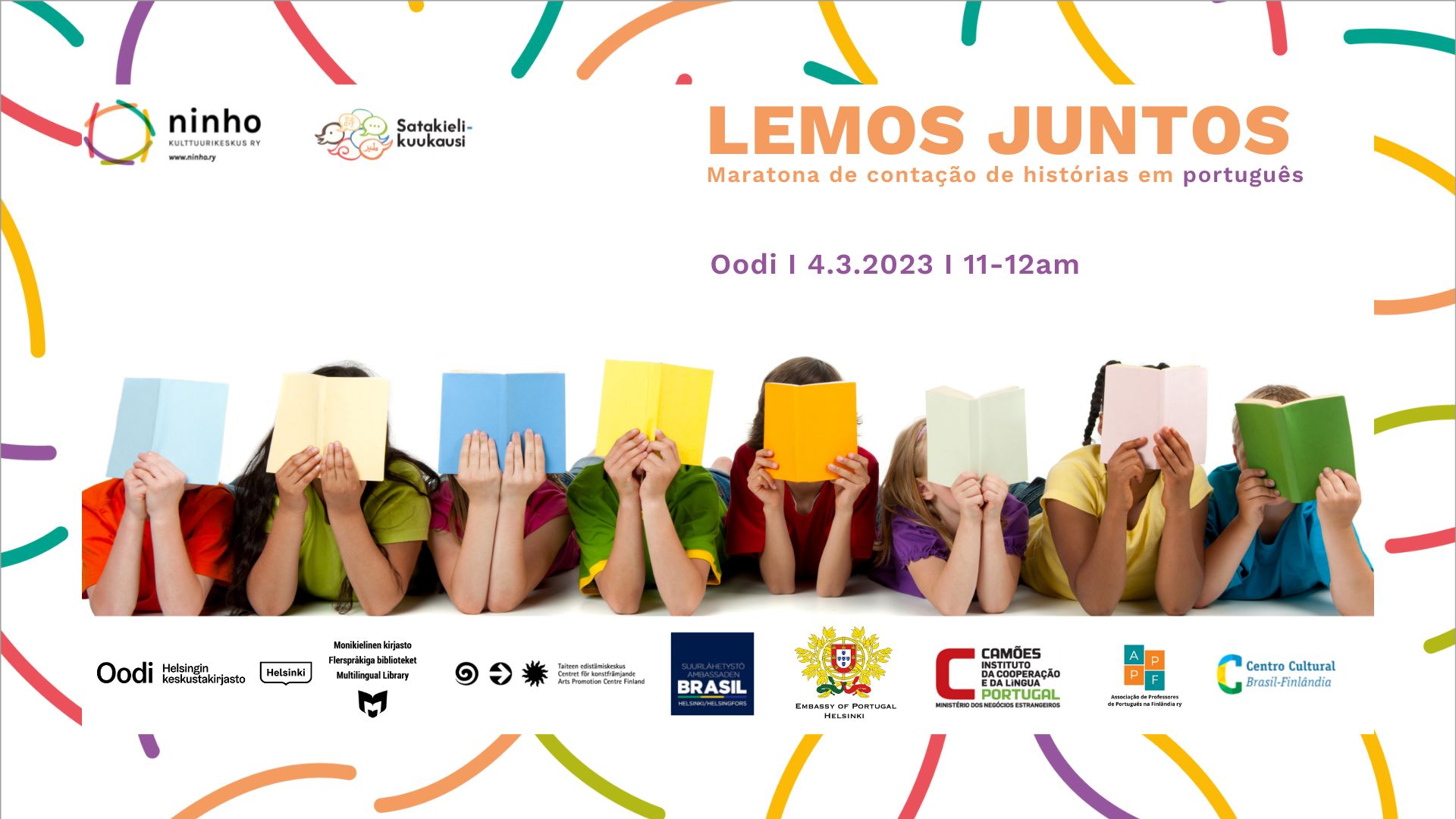 Lemos Juntos tilaisuuden mainos jossa lapset makaa mahallaan kirjat kasvojen edessä.