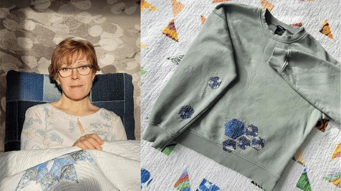 Nainen, Irina Malyakova, ompelee. Viereisessä kuvassa on vihertävä aplikoitu college pusakka.