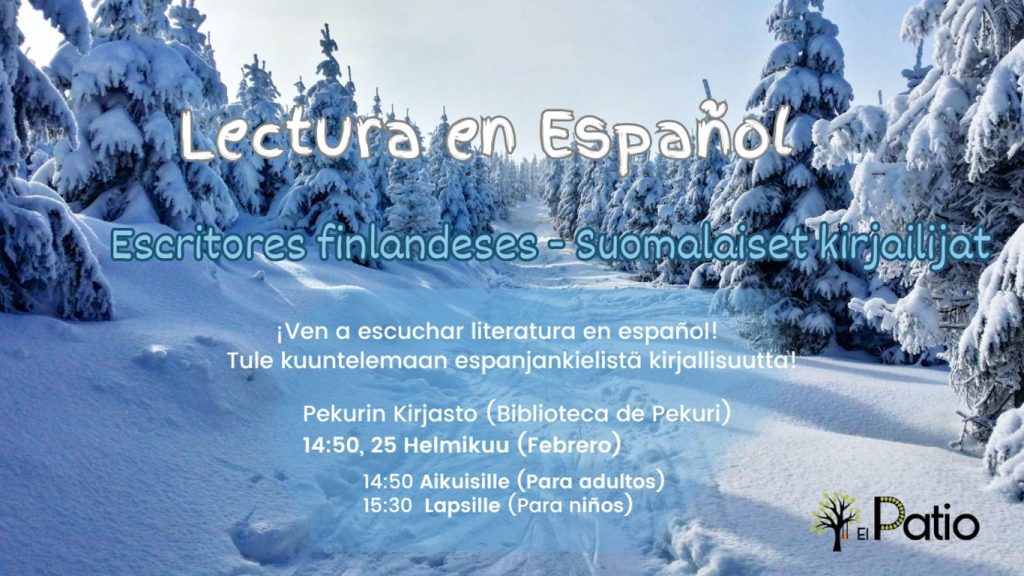 Luminen talvimaisema metsässä. Päällä tekstiä: Lectura en Español.