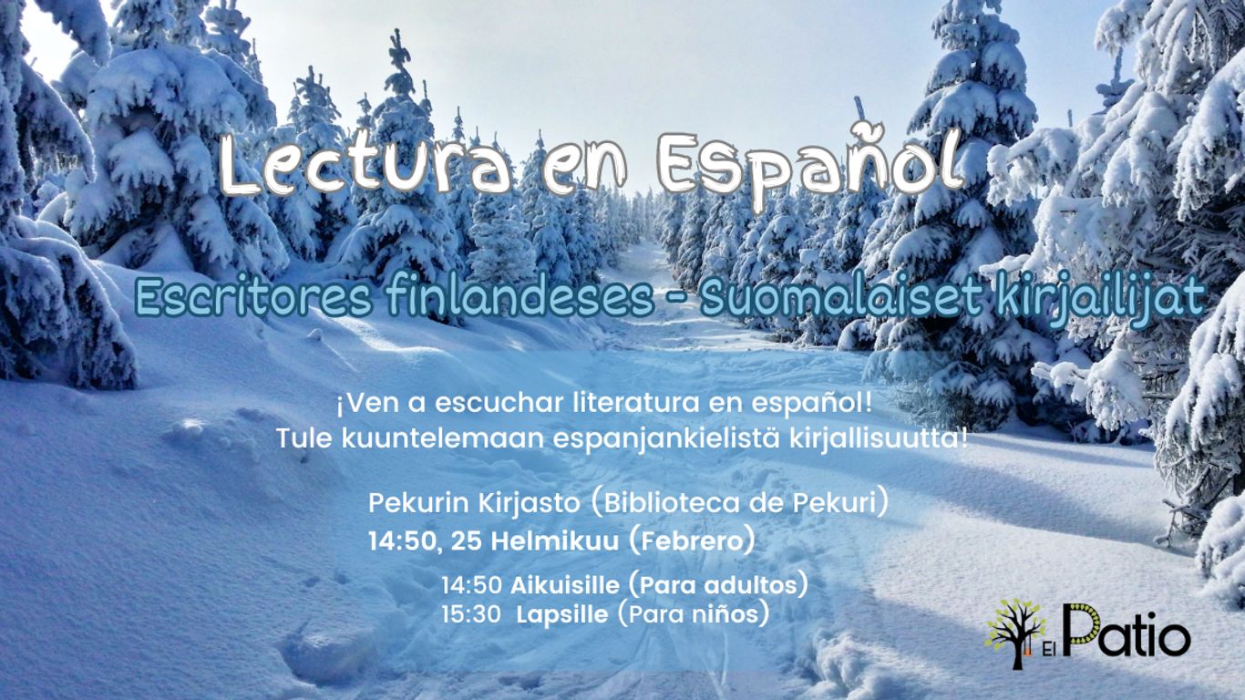 Luminen talvimaisema metsässä. Päällä tekstiä: Lectura en Español.
