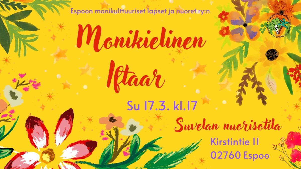 Kuvituskuva. Keltaisella taustalla tapahtmasta tekstiä: Monikielinen Iftar, su 17.3.klo 17, Suvelan nuorisotila.