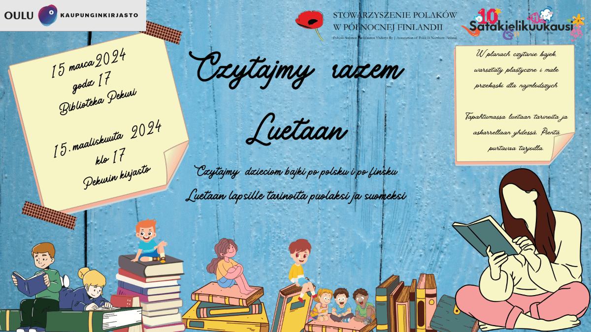 Kuvituskuva. Lapsia istuu kirjapinojen päällä ja puolenkielistä tekstiä tapahtumasta.