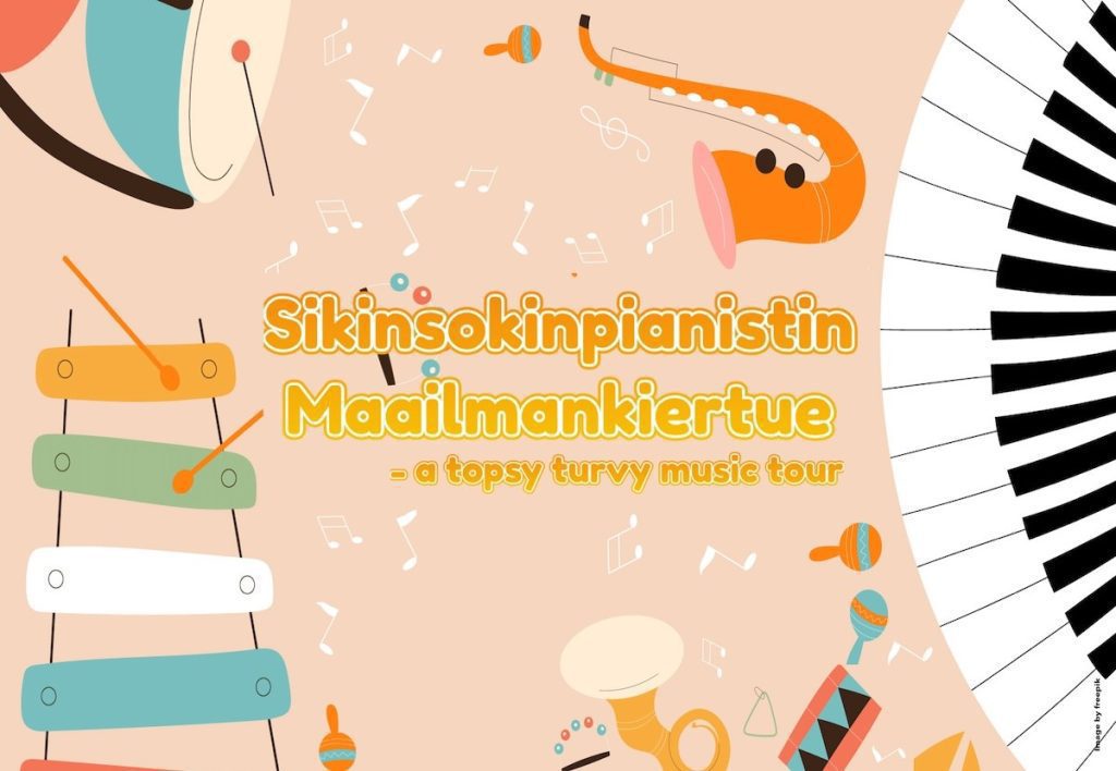 Kuvituskuva jossa soittimia, mm xylofoni, rumpu, saksofoni, helistimet ja pianon näppäimistö.