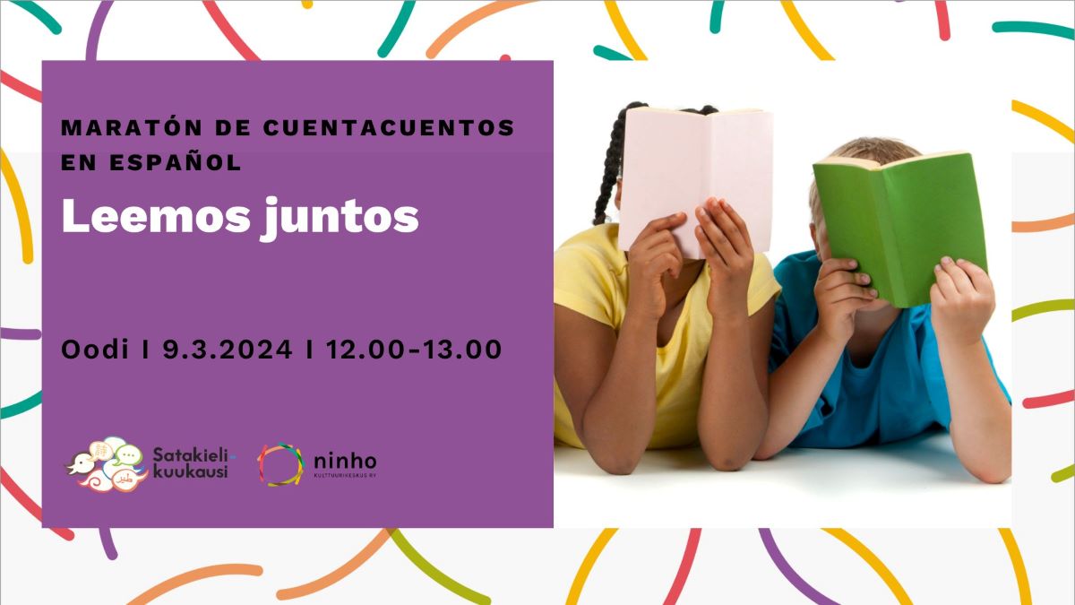 Tapahtumailmoitus Leemos juntos en espanol. Tyttö ja poika lukevat kirjaa mahallaan maaten.