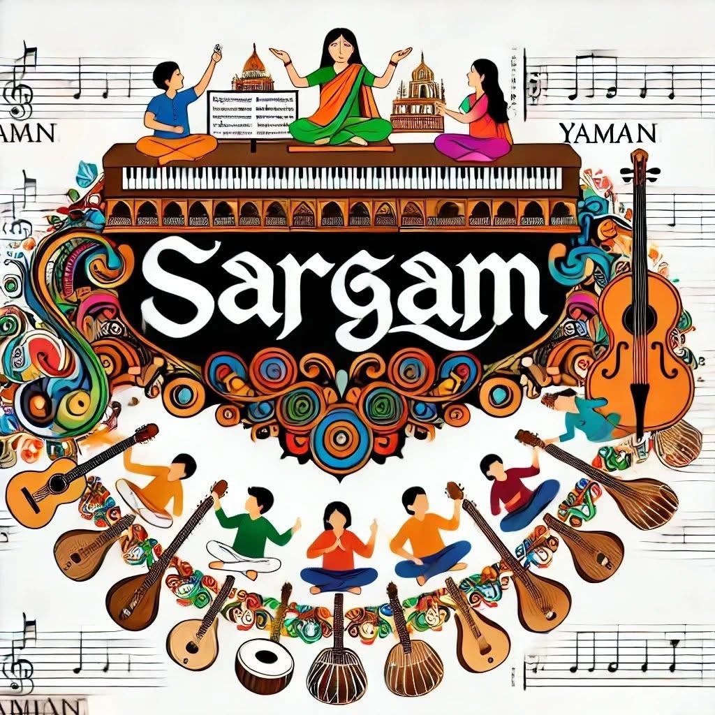Sargam-musiikkriyhmän värikäs logo, jossa on piirrettyjä nuotteja, soittimia ja ihmishahmoja.